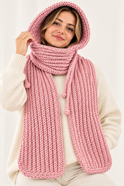 NEHOLİA Women's Pink Hooded Scarf Neck Warmer Hand-Knitted Long Winter Scarf