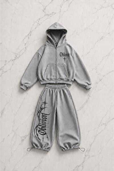 Gofeel Oblivion Printed Gray Oversize Cardigan & Sweatpants Set