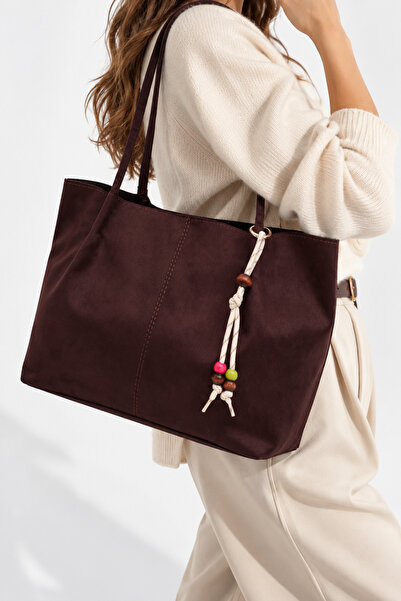 Les Crioch Kahverengi Süet Kadın Shopper Omuz Çantası – Vintage Model Charm H...