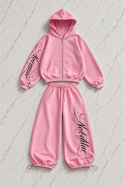 Gofeel Love Text Printed Pink Oversize Cardigan & Sweatpants Set