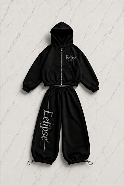 Gofeel Eclipse Text Printed Black Oversize Cardigan & Sweatpants Set