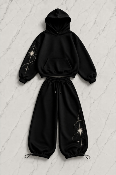 Gofeel Star Text Printed Black Oversize Hoodie & Sweatpants Set