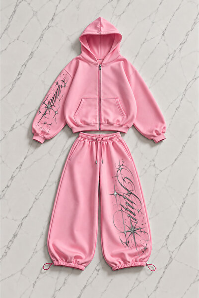 Gofeel Urban Text Printed Pink Oversize Cardigan & Sweatpants Set