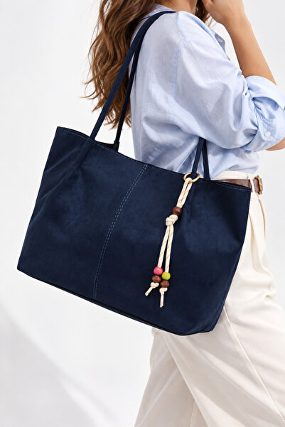 Les Crioch Lacivert Süet Kadın Shopper Omuz Çantası – Vintage Model Charm Hed...
