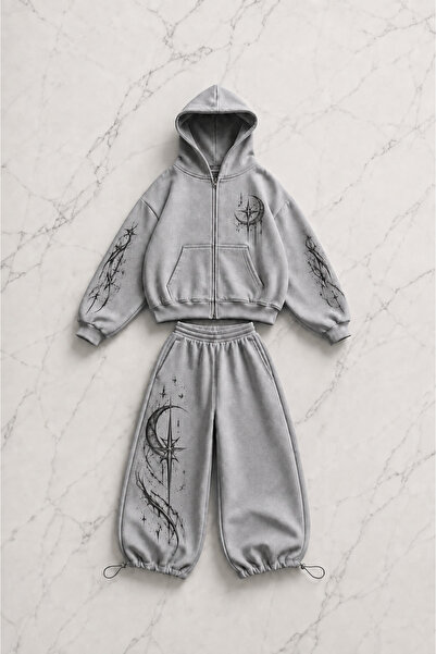 Gofeel Moon Star Printed Gray Oversize Cardigan & Sweatpants Set