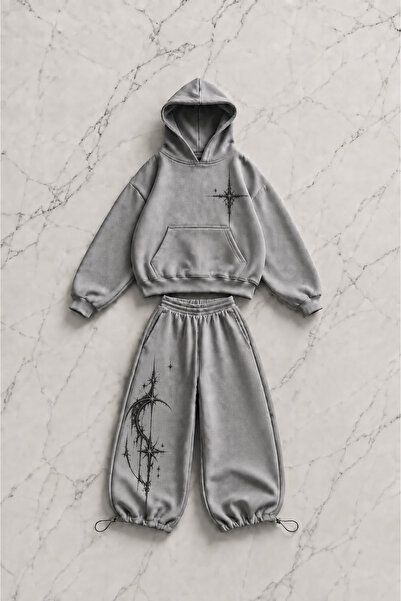 Gofeel Star Graphic Printed Gray Oversize Hoodie & Sweatpants Set