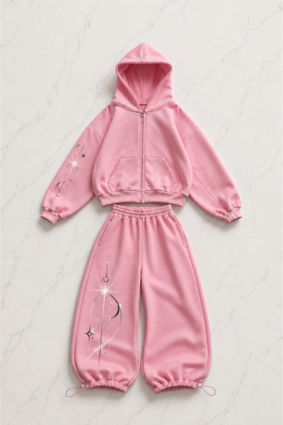 Gofeel Butterfly Graphic Printed Pink Oversize Cardigan & Sweatpants Set