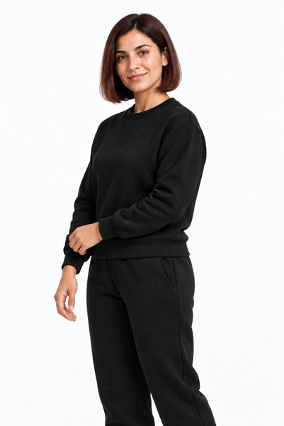 ODİN ATLAS Crew Neck 3 Thread Threaded Winter Women's Black Tracksuit Set with Fleece Inside