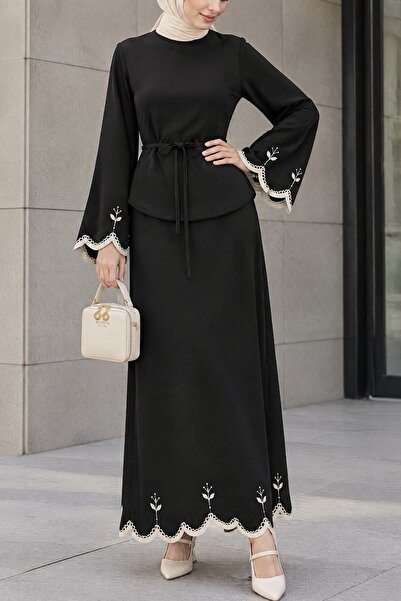 Modamorfo Embroidery Detailed Combed Cotton Suit with Belted Skirt - Black