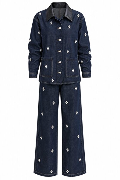 Laluvia Lacivert Deri Yaka Taşlı Denim Ceket Pantolon Takım - 1167