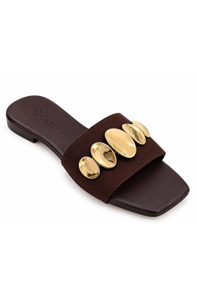 Kadın Kahverengi Gold Detaylı Terlik