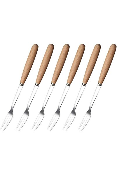 Tazweeq 6Pcs Wooden Handle Stainless Steel Two Prong Forks Fruit Cake Appetiz...
