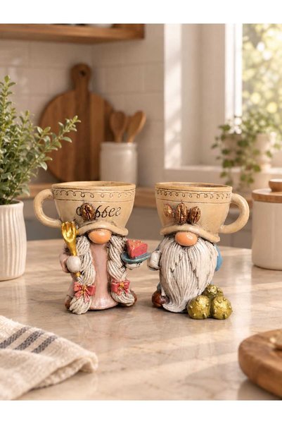 Gardenya Kahve Fincan Figürlü Aşçı Gnome Çift Dekoratif Obje