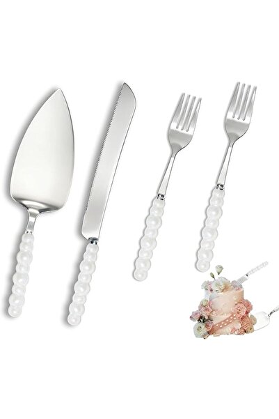 Paporich 4 PCS Pearl Wedding Cake Knife and Server Set with Forks, Elegant Ce...