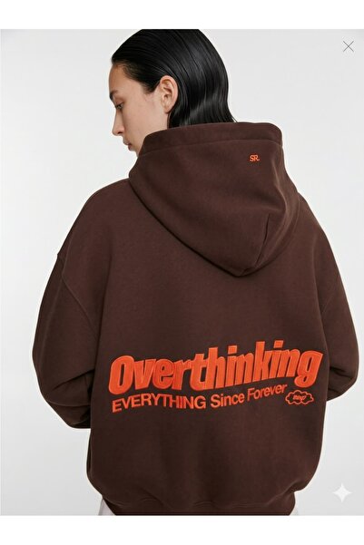 Overthinking Baskılı Kapüşonlu Sweatshirt Kahverengi Oversize Unisex Hoodie