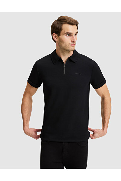 Pierre Cardin تي شيرت أسود بقصة عادية وياقة بولو مع سحاب 50321155-VR046