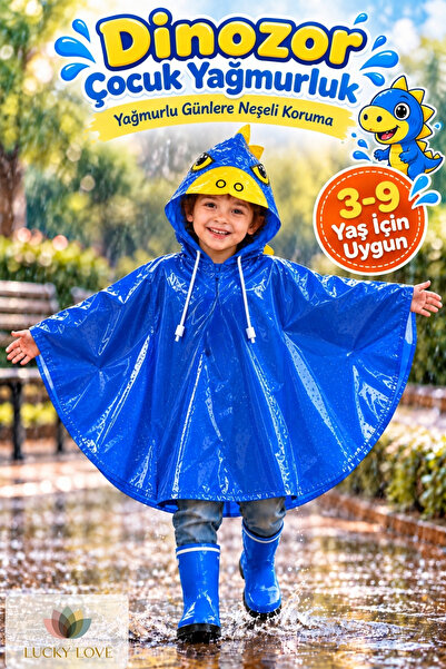Lucky Love Dinozor Desenli Çocuk Yağmurluğu 3-9 Yaş Su Geçirmez Kapüşonlu Panço