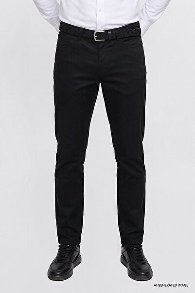 AC&Co / Altınyıldız Classics Erkek Siyah Pamuklu Tapered Fit 5 Cepli Diagonal Desenli Esnek Chino Pantolon
