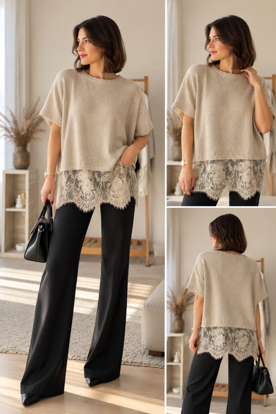 Kadın Dantel Detaylı Oversize Triko Bluz – Kısa Kollu