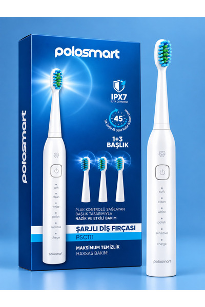 Polosmart Şarjlı Diş Fırçası, 5 Farklı Çalışma modu, 4 Başlık, 3 saat kullanı...