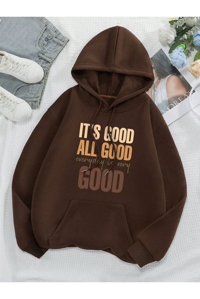 HAI COLLECTİON Kahverengi Baskılı Oversize Kapüşonlu Sweatshirt Unisex Hoodie
