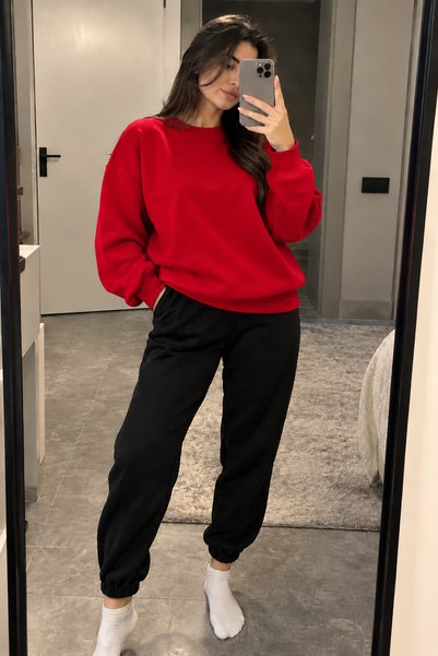 Revasser Unisex Kadın/Erkek Renkli Düz Kışlık Takım Bisiklet Yaka Sweatshirt-...