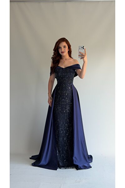 ayşenur Dinçer butik Valiente Pelerinli Abiye Lacivert