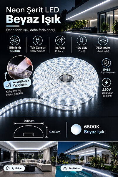 Ema Dükkan Kendinden Yapışkanlı 220V Şerit LED Beyaz Işık 6500K - Metrede 120...
