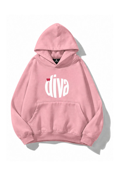 Gofeel Diva Print Detailed Oversized Pink Hoodie