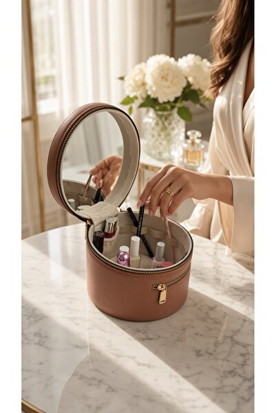 Moda fiesta Women's Mirrored Vanity Makeup Bag 19X19×14 Cosmetic Organizer Travel Tan*