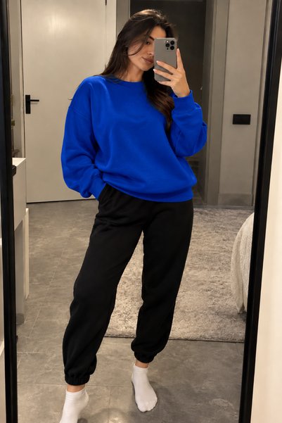 Revasser Unisex Kadın/Erkek Renkli Düz Kışlık Takım Bisiklet Yaka Sweatshirt-...