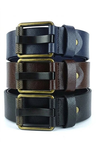 Livize 3-Piece Genuine Leather Men's Jeans Belt with 4.5 cm Tubular Buckle