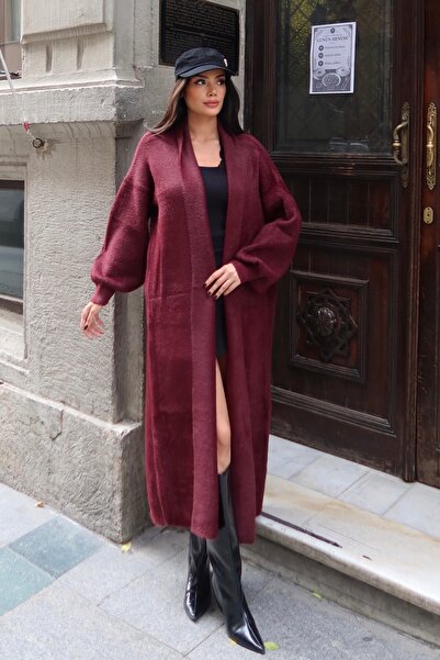 BEJNA Women's Plum Soft Textured Long Knit Cardigan