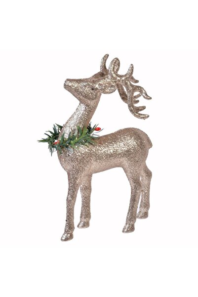 OEM Figurină de Crăciun, cerb de 22cm, cu sclipici șampanie și coroniță verde.