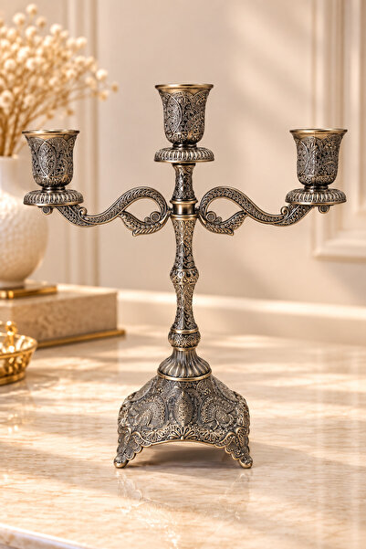 RASHA COLLECTION 3 Kollu Eskitme Gold Şamdan – İşlemeli Dekoratif Masa Üstü M...