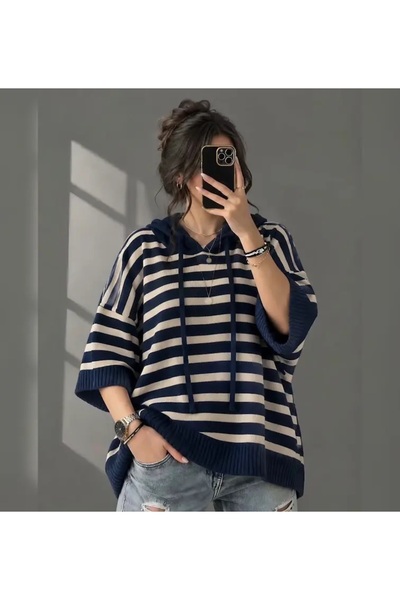 Nopen Knitwear Kadın Oversize Kapüşonlu Triko Kazak Salaş Bol Kesim