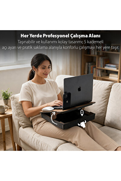 Vigo Wood VigoWood Minderli Laptop Sehpası Hava Kanallı, Eğim Ayarlı Ceviz-Siyah