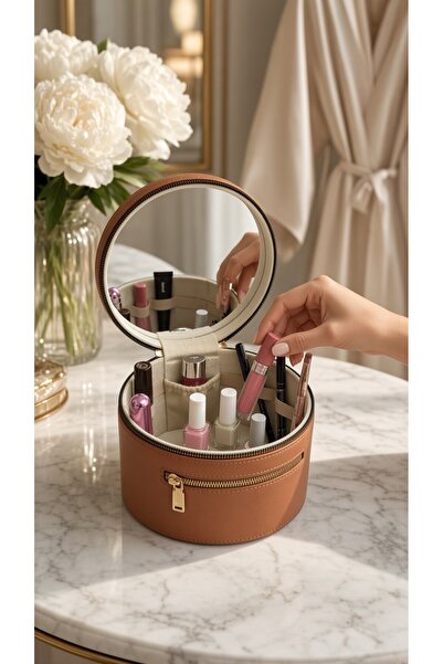 Moda fiesta Women's Mirrored Vanity Makeup Bag 19X19×14 Cosmetic Organizer Travel Tan*