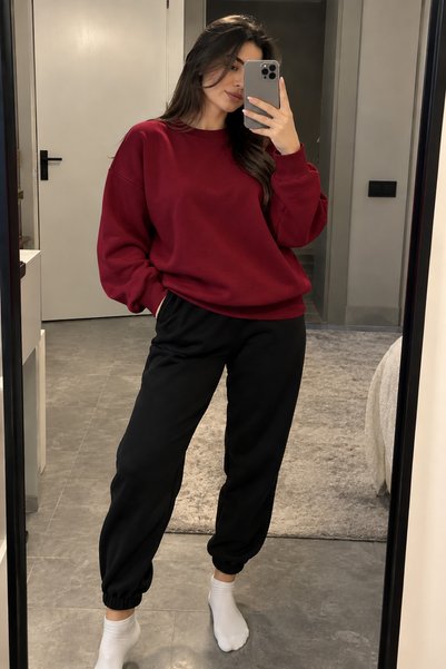 Revasser Unisex Kadın/Erkek Renkli Düz Kışlık Takım Bisiklet Yaka Sweatshirt-...