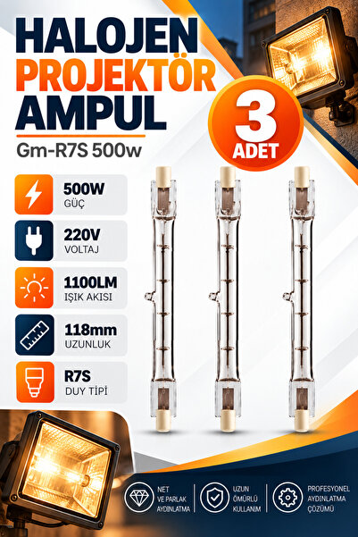 DepoTronik R7S Halojen Projektör Ampulü 500W 220V 118mm 1100LM GM-R7S 3 Adet