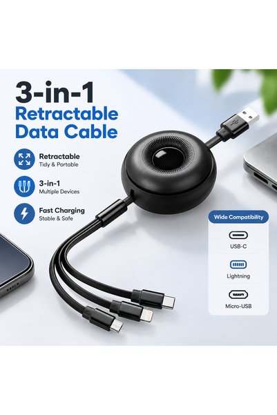 pjy كابل شحن 3 في 1 قابل للسحب بقدرة 66 واط، سلك شحن سريع متعدد المنافذ USB ل...