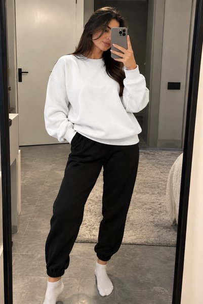 Revasser Unisex Kadın/Erkek Renkli Düz Kışlık Takım Bisiklet Yaka Sweatshirt-...