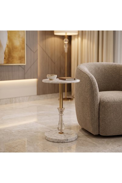 Ebticar Elegant Design Marble Round Side Table-White & Gold