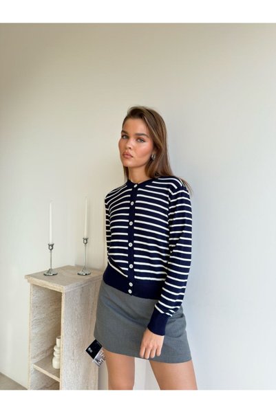 MODAMERSİ Women's Navy Blue Striped Crew Neck Knitwear Cardigan