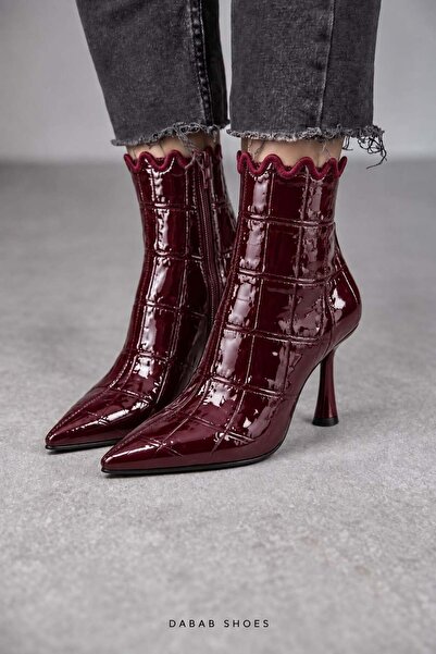 dabab shoes CARMEN Kadın Bordo Kroko Rugan Sivri Burun Fermuarlı Sıcak Astarl...