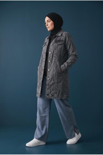 Züvara ENSAR CLOTHING Jachetă lungă din denim elastic pentru femei, cu nasturi și buzunare
