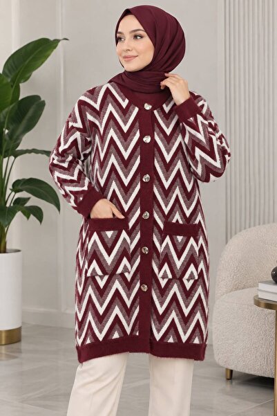 Bordo Zikzak Desenli Düğmeli Triko Hırka - Tesettür Giyim