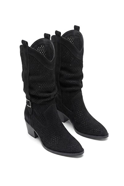 Zerenyus Meria Premium Black Suede Laser Cut Cowboy Heeled Boots