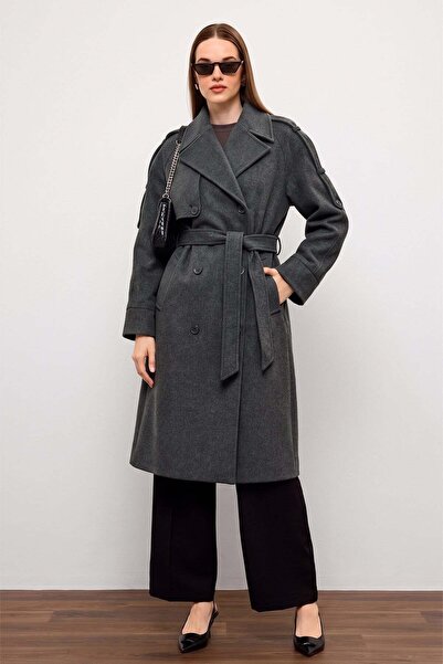 Olcay Oversized Coat with Epaulet and Cape Detail Dark Gray 3200
