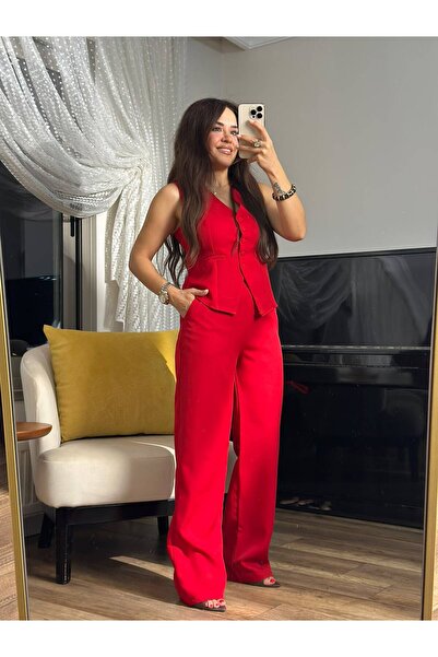 Belden Oturtmalı Yelek Takım Kırmızı